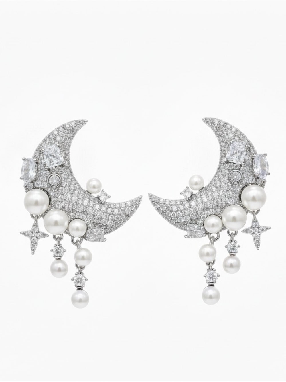 SILVER PEARL MOON CZ STATEMENT EARRINGS